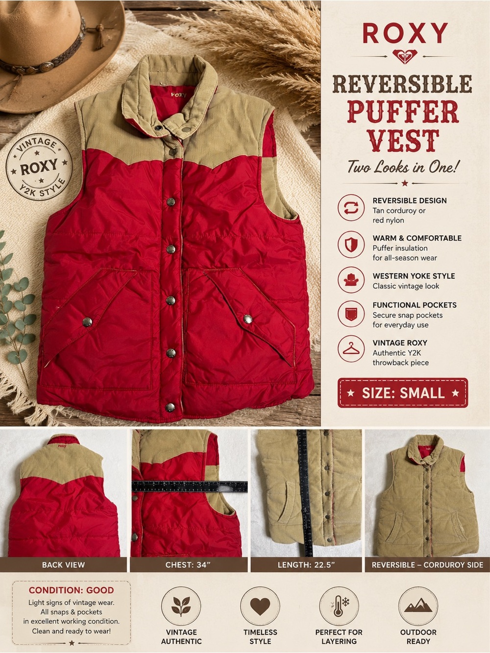 Vintage Roxy Reversible Puffer Vest Women’s Small Red Tan Corduroy Western Y2K